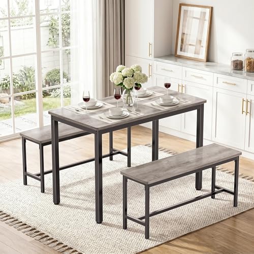 FAVSH Grey Dining Table Set for 4 with 2 Benches - Space-Saving Modern Kitchen Furniture