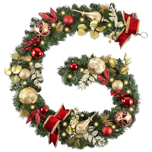 Valery Madelyn 9ft Pre-Lit Christmas Garland with Red and Gold Balls & Bow - Indoor & Outdoor Decor