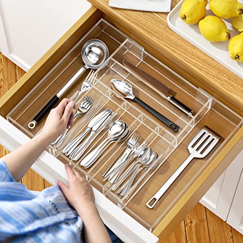 NIUBEE Acrylic Clear Utensil Silverware Tray for Drawer - Expandable & Adjustable