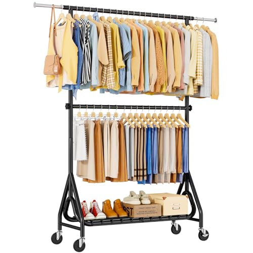 Heavy Duty Clothes Rack with Double Rods & Lockable Wheels - Black, 78-Inch