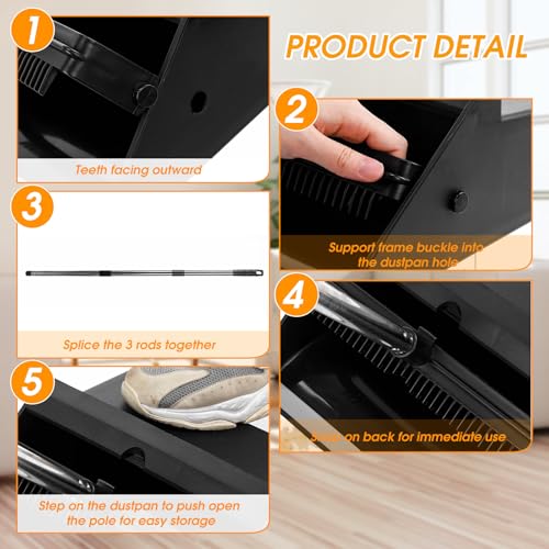Dust Pan Set with Long Handle - 4 Black Heavy-Duty Plastic Bins & Comb Stand