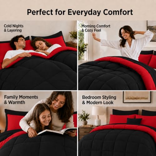 Anluoer Queen Comforter Set 7 Pieces, Reversible Black & Red Grid Bed in a Bag