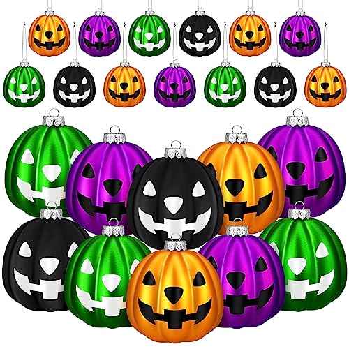 Zhanmai Pumpkin Hanging Ornaments Spooky Halloween Tree Decorations Mini Pumpkin Ball Jack O Lantern Tree Decorations for Scary Party Supplies(24 Pcs,Purple, Black, Green, Gold)