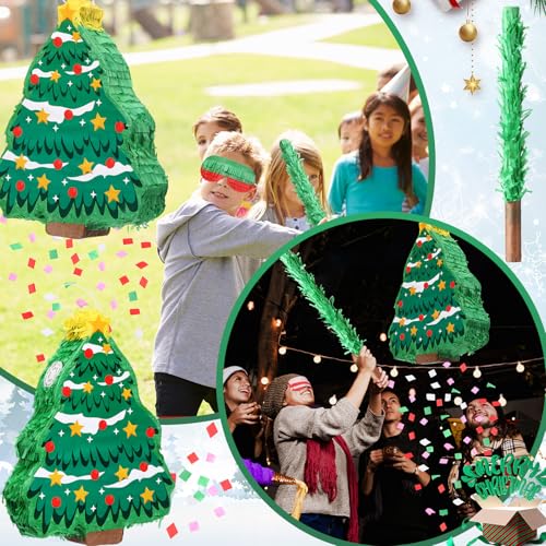 Christmas Tree Piñata Decorations 16in Kit with Stick, Confetti & Blindfold – Red & Green