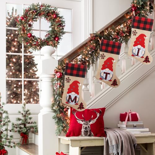 Personalized Burlap Christmas Stockings 19in with Embroidered Gnome Santa - Letter-O