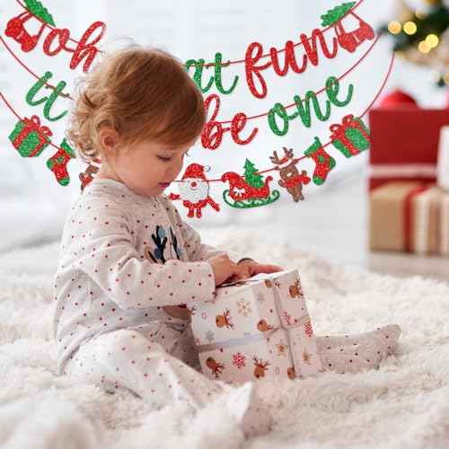 Qttier Oh What Fun It Is to Be One Banner, Pre-strung Christmas 1st Birthday Party Decorations, Red and Green Glitter