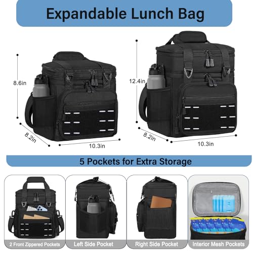 TENKIST 16L Black Expandable Tactical Lunch Box Men 2 Layer Cooler Bag for 20 Cans