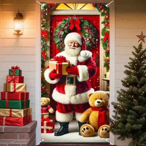 Nuxovilar Christmas Door Cover Christmas Banner Festive Santa with Teddy Bears Winter Holiday Decor for Home Indoor Outdoor (35x71 Inches)