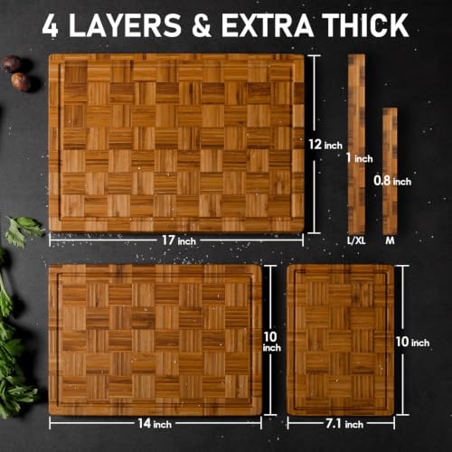Extra Large Bamboo Cutting Board Set - 17 x 12 Inch Kitchen Chopping Boards with Rack