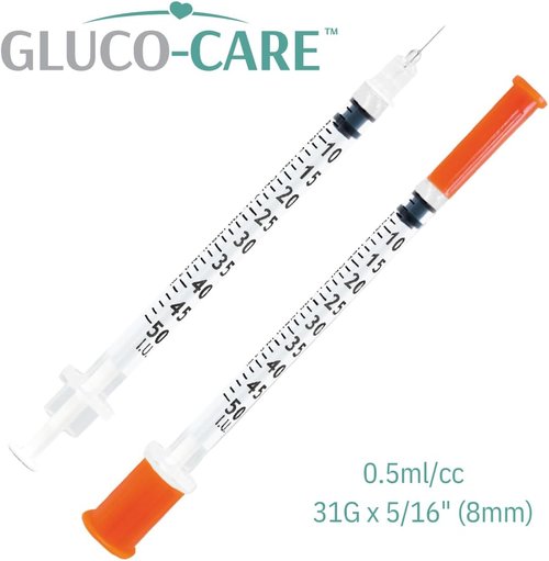 GLUCO-CARE 31G x 5/16’’ Syringes - 0.5 ml/cc, 100 Count for Precise Insulin Delivery