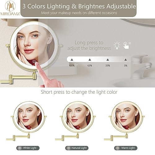 Brushed Gold 8-Inch Lighted Wall Mounted Makeup Mirror 1X/10X Magnification