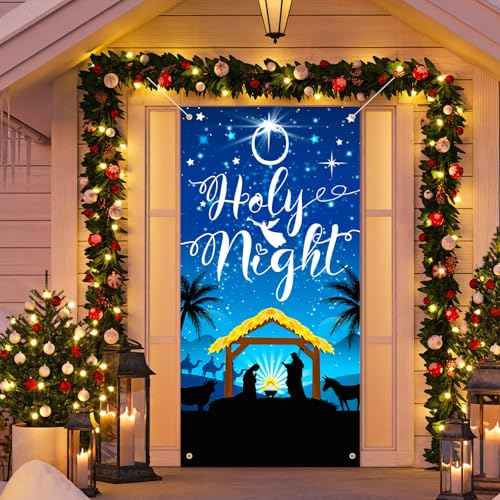 HOWAF Christmas O Holy Night Door Cover - Navy Blue Nativity Scene Banner for Xmas Party Supplies