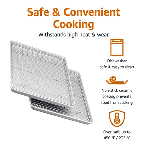 Amazon Basics Ceramic Nonstick Baking Sheets & Cooling Rack Set - Gray, Half Sheet Size, 2-Pack