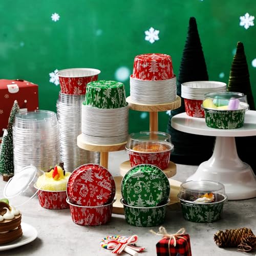 Potchen 200 Pcs Christmas Foil Baking Cups with Lids - 5oz Disposable, Classic Holiday Design