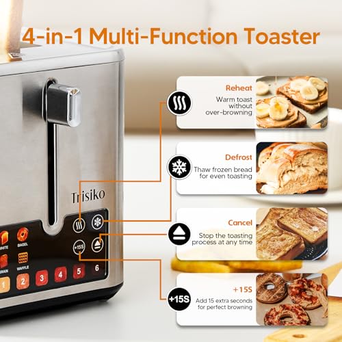 Stainless Steel 2 Slice Touch Screen Toaster with Wide Slots and Digital Timer - Trisiko