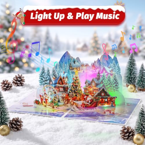 Pop Up Christmas Cards, 3D Snowy Forest Town Cards with Lights and