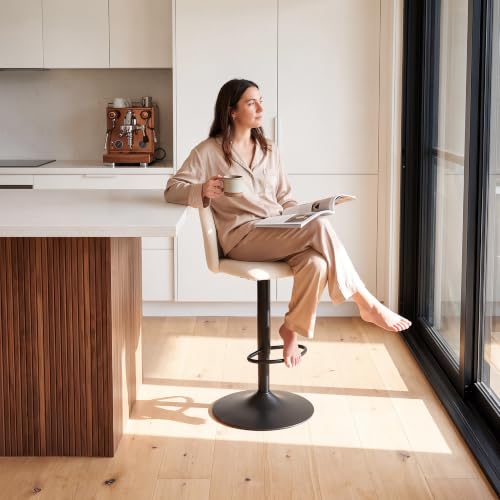 Adjustable Upholstered Bar Stools Set of 2 Beige - 360° Swivel Counter Height Chairs with Stable Metal Base