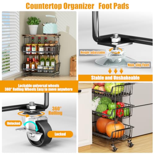 4-Tier Fruit and Vegetable Basket with Wheels - Black, Kitchen Organizer