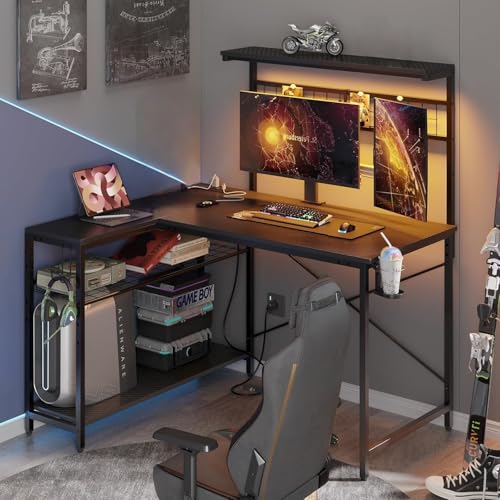 Bestier 42-Inch Carbon Fiber Black Gaming Desk with LED Lights & Power Outlets