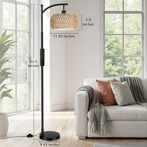 Ambimall Black Bohemian Arc Floor Lamp with Rattan & Linen Shades, Remote Control