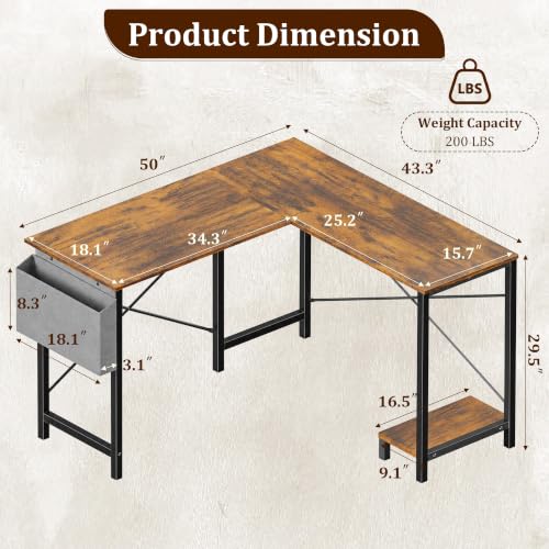 50 Inch L-Shaped Computer Desk for Small Spaces - Home Office Brown