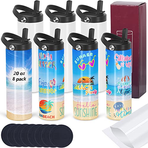 White 8 Pack 20oz Sublimation Skinny Tumblers with Handles - Double Wall Stainless Steel, Includes Lids & Accessories