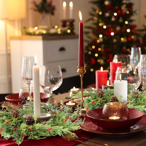 YLOLUL Cedar Artificial Christmas Candle Rings 8 Pcs, 9 Inch Wreaths with Berries & Pinecones, Winter Holiday Decor