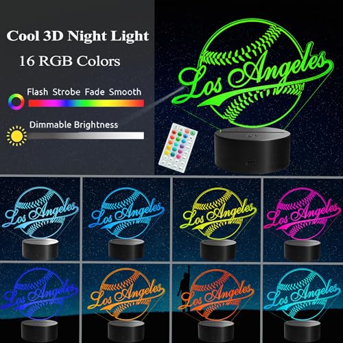 POSSHE Los Angeles Baseball Night Light – 3D Illusion Lamp, 16 Colors, Remote, RGB Flashing & Dimmable