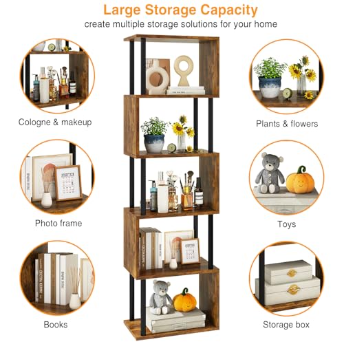 6-Tier S-Shaped Geometric Bookcase - Rustic Brown Tall Bookshelf with Storage