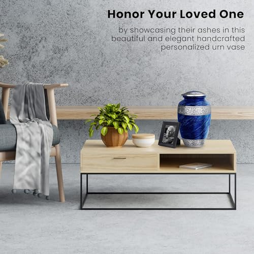 Blue Adult Cremation Urn - Large Memorial Funeral Burial Vase, 200 Cubic Inches