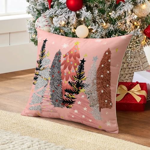 OTOSTAR Pink 20x20 Inch Christmas Pillow Cover - Tree & Snowflake Holiday Cushion Case
