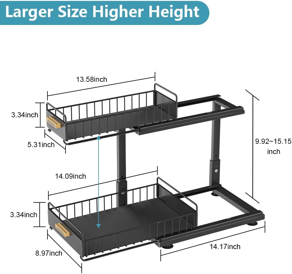 Skiennix Under Sink Organizer - 2 Tier Pull-Out Metal Shelf for Kitchen & Bathroom Storage | Black