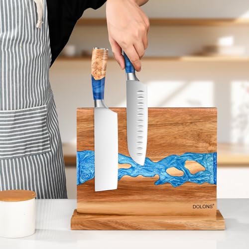 Magnetic Knife Block Brown+Blue - Double-Sided Acacia Wood & Resin Kitchen Organizer