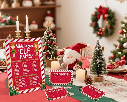 Mysrin Christmas01 What’s Your Elf Name? Wooden Sign Game with Stand + 50 Cards, Party Family Christmas