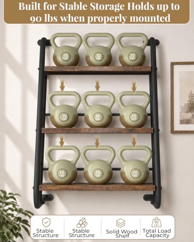 3-Tier Floating Wall Shelves - Rustic Wood Ladder Shelf, 16 Inch Brown