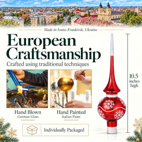 Altair Hand-Blown Red Glass Christmas Tree Topper - Elegant Finial with Snowflakes