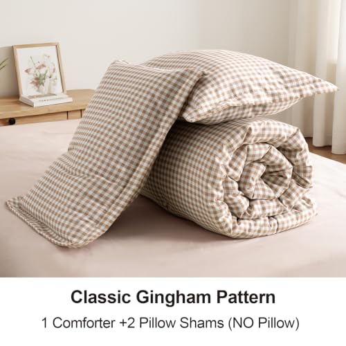 SunNewt Queen Comforter Set Tan Gingham 3 Pieces - Plush Bedding
