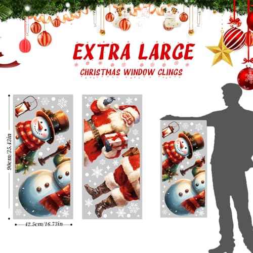LOKIPA Large Christmas Window Clings, 2 Sheets Extra Large Santa Claus Snowman Window Clings Stickers with Snowflakes for Christmas Decorations