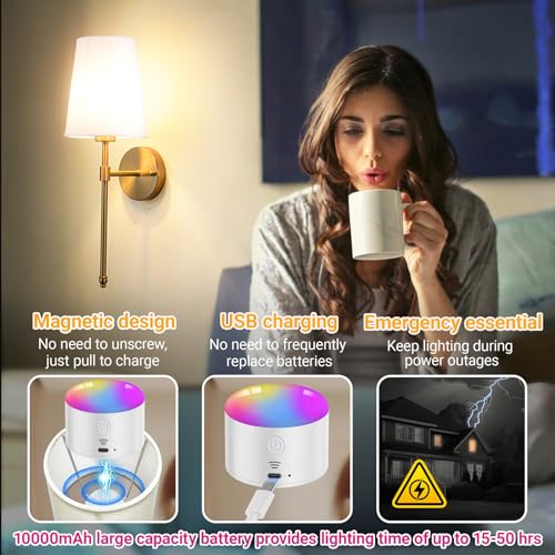 Brass Rechargeable Wireless Wall Sconces Set of 2 - 19.29 Inch, Remote & RGB Dimmable, 50 Hours Runtime