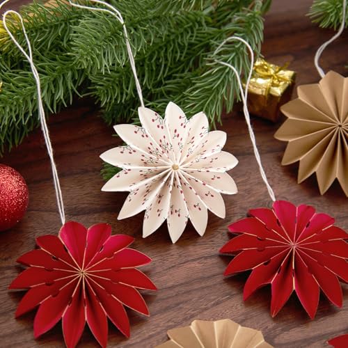 Balun Admhail 9Pcs Red White Brown Snowflake Paper Ornaments – Christmas Hanging Fans (Variation: Red and White)