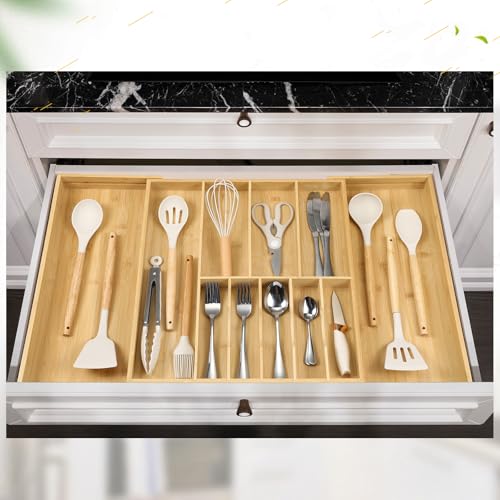 Fabsome Expandable Silverware Organizer Tray 19.3'' Bamboo Cutlery Holder for Large Kitchen Drawers