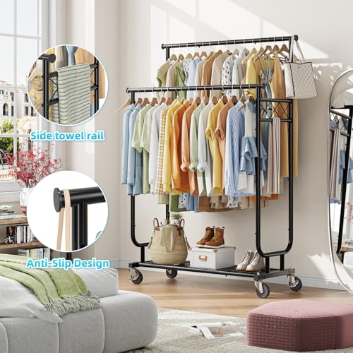 Heavy Duty Rolling Clothes Rack with Shelves - 450 lbs Capacity, Double Rod & Lockable Wheels