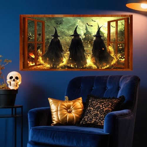 Halloween Witch Wall Stickers 3D Halloween Scene Fake Window Wall Decals Picture Large Holiday Mural Wallpaper Peel and Stick 3D Witches Wall Decor for Bedroom Living Room Home Decoration