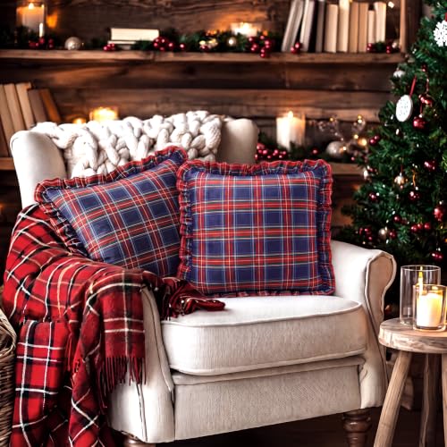 Irenare 2 Pack Christmas Plaid Ruffled Pillow Covers 18x18 Inch, Red & Navy Blue