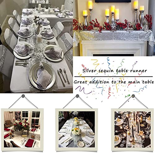 6 Pack 12x108 Silver Sequin Table Runner Set - High Density Glitter, TCBESTO