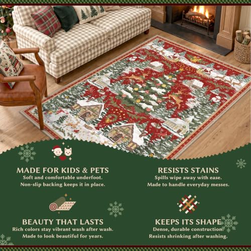 Olacotta Red 3x5 Christmas Indoor Rug with Vintage Village Design, Washable Entryway Mat