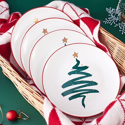 Swuut Christmas Dinner Plates Set of 4, 10 Inch Bone China with Gold Tree Design