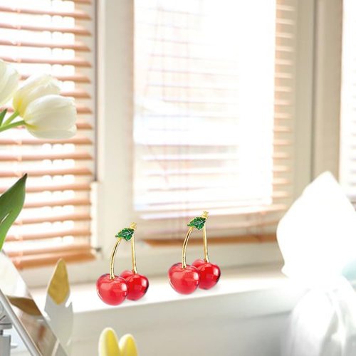 DICOSMETIC Glass Cherry Figurines - Red Crystal Fruit Ornaments for Home & Office Decor | 2-Piece Set