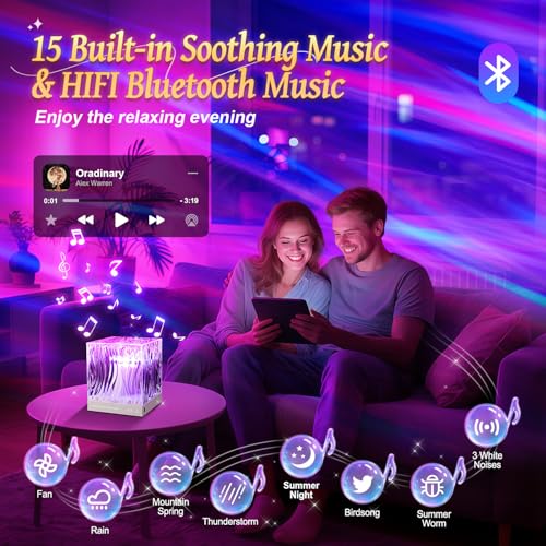 Blue Northern Lights Projector Night Light with White Noise & Bluetooth Speaker - 4-in-1 Crystal Lamp for Bedroom & Kids Gifts