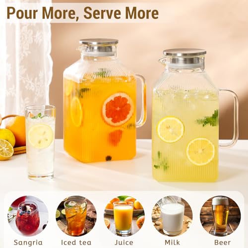 Snuvid 2 Pack 1 Gallon Square Glass Pitchers with Lid - Borosilicate Drink Carafes